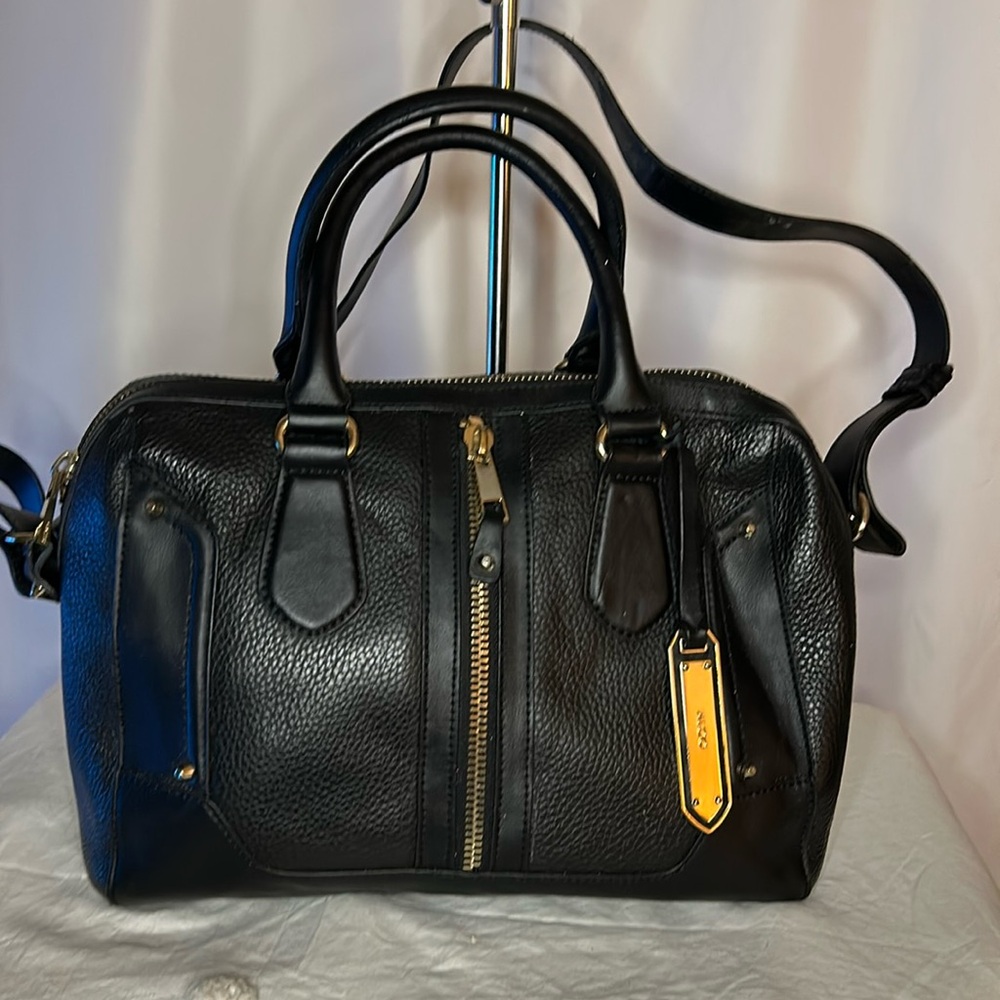 ALDO black pebble leather satchel handbag with detachable straps. Gold hardware.